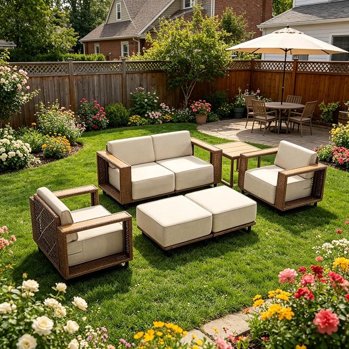 MOCHITO 7 Pieces Outdoor Patio Furniture Sets, All-Weather Sectional Sofa PE Rattan Wicker Conversation Set, Outdoor Patio sectional for Poolside, Porch, Lawn, Garden, Balcony(Beige)