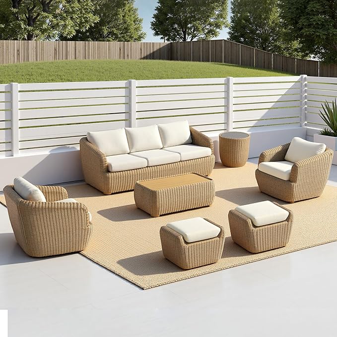 CHITA 7 Pieces Patio Wicker Furniture Set, Outdoor Rattan Bistro Set with Removable Thickened Cushions, Fully Assembled