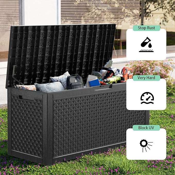 PatioZen 121 Gallon Resin Deck Box, Lockable Outdoor Storage Box for Patio Cushions Storage Furniture,Garden Tools, Pool Supplies, Weatherproof and UV Resistant (Black)