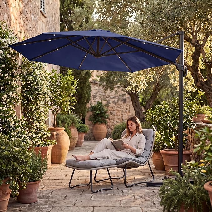 Kingdura 9ft Cantilever Patio Umbrella with Base Included & Solar Lights, Large Round Metal Outdoor Offset Umbrella with 360-degree Rotation, 4 Position Tilt, UV Protection for Pool Deck Patio (Navy blue)