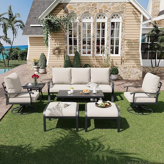 HOMREST Patio Furniture Sets 7 PCS Outdoor Metal Conversation Sets, 360 Degree Swivel Rocking Chairs Patio Conversation Set with Ottomans, Coffee Side Table and 3-Seat Sofa for Garden, Deck, Poolside