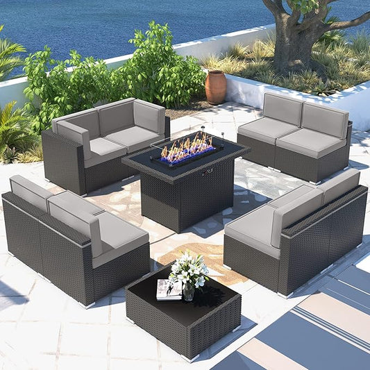 10 Pieces Patio Furniture Set with 44" Propane Gas Fire Pit Table, Outdoor Sectional Wicker Conversation Sofa Sets with Coffee Table