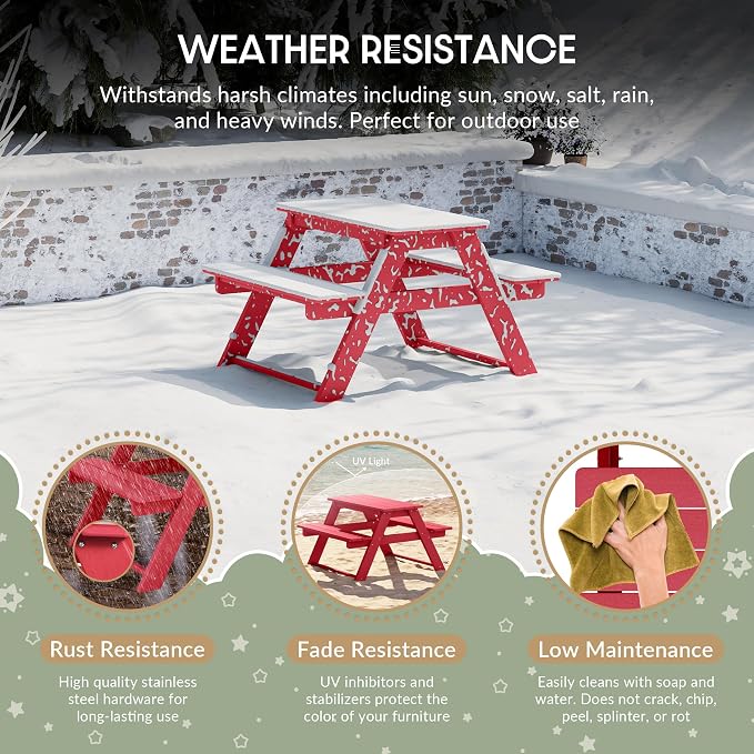 WestinTrends Malibu Outdoor Patio and Indoor Kids HDPE Plastic Picnic Bench Table, Red