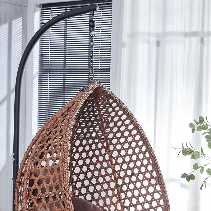 Hanging Egg Swing Chair with Stand, Rattan Wicker Hanging Egg Chair Hammock Indoor with Cushions, Swinging Chair for Bedroom Outdoor Patio Balcony Backyard Sunroom Heavy Duty 350LBS (Brown)