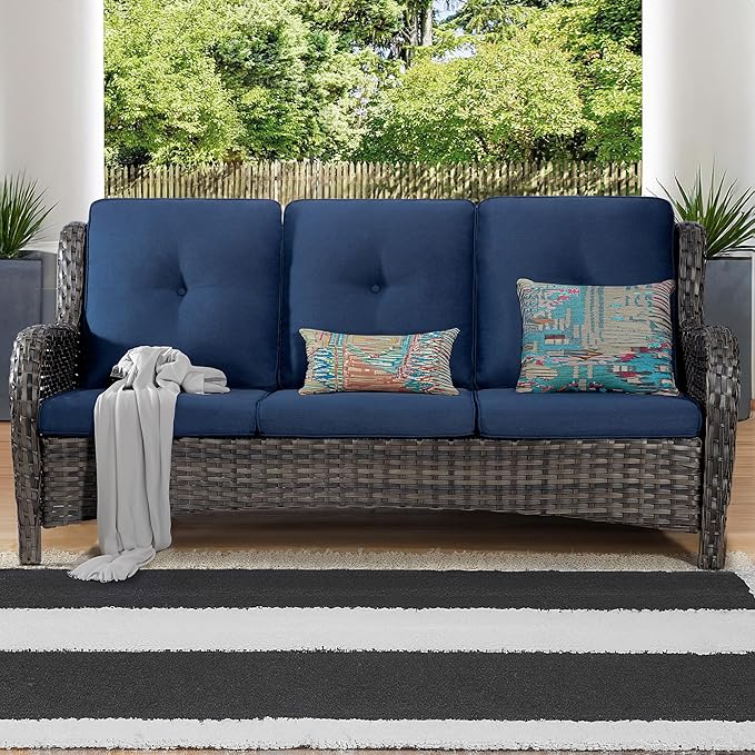 Wicker Patio Furniture Sets 8 Piece Set with 3-Seat Sofa, 2 Swivel Rocking Armchairs, 2 Armchairs, 2 Ottoman and 1 Side Table Wicker Outdoor Furniture Sectional Conversation Set, Blue
