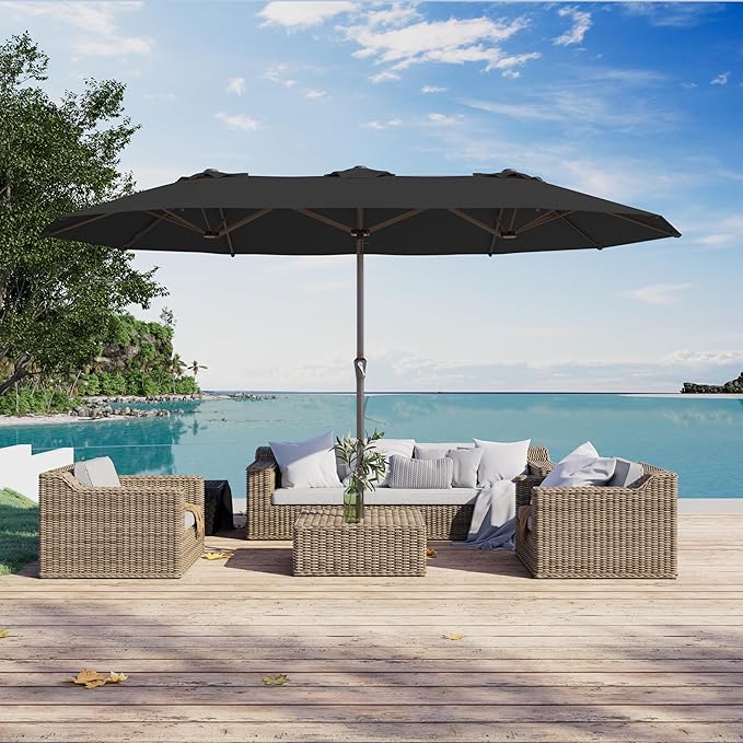 PatioKingdom 15FT Large Patio Umbrella with Base, Double Sided Rectangular Outdoor Umbrella with Sturdy Fiberglass Ribs, Market Umbrella for Pool,Garden,Backyard,Deck (Black, 15FT)