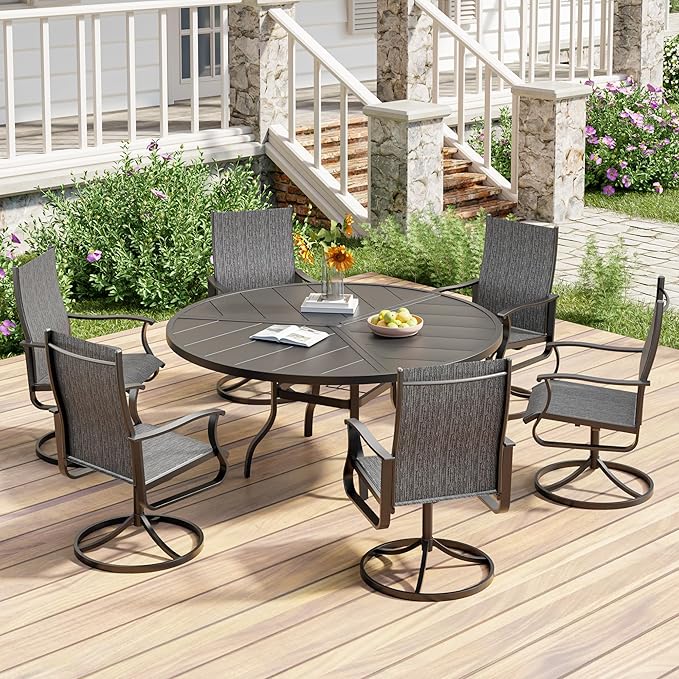 UDPATIO 7 Piece Outdoor Patio Dining Set with 51" Round Table & 6 Outdoor Swivel Rocker Dining Chairs with All Weather Textilene High Back & Metal Frame, Outdoor Table and Chairs Set for Backyard