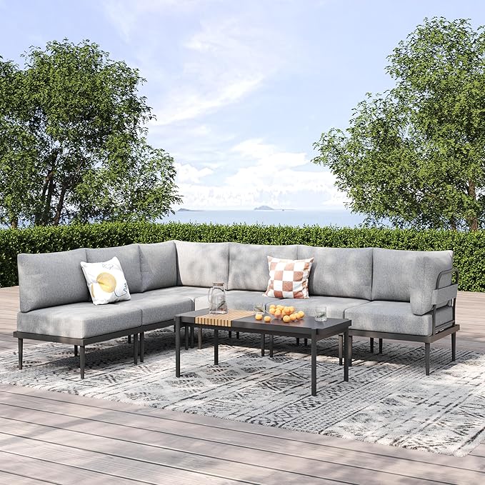 Metal Patio Furniture Set, 7 Pieces Outdoor Sectional Couch Sets with Coffee Table & Washable Thick Cushion, Outdoor Corner Sofa Set for Deck, Patio, Backyard (Gray)