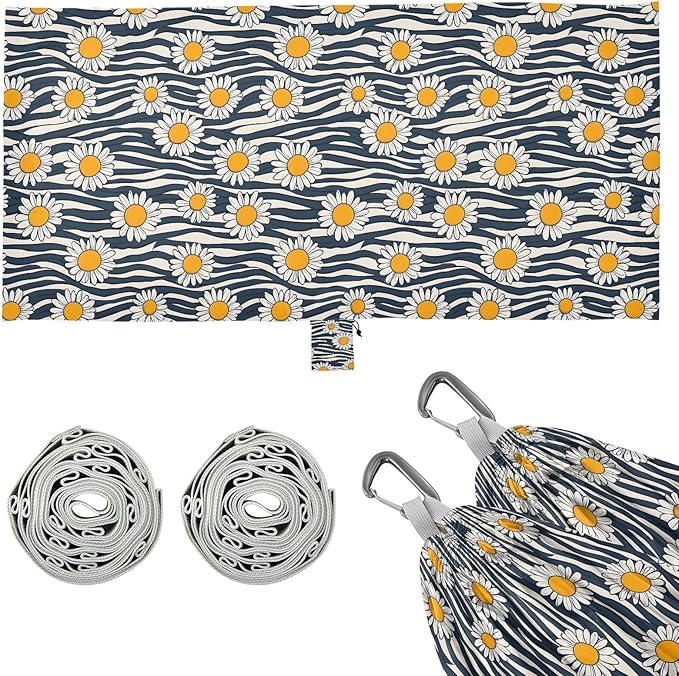 Camping Hammock Outdoor Hammocks for Outside Black White Striped Daisy Beach Trees Portable Lightweight with Pockets Tree Straps Indoor