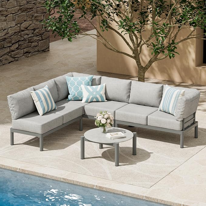 Patio Furniture Set for 6 seat, Aluminum Outdoor Sectional Sofas with 7 Inch Olefin Cushion and Glass Coffee Table, Modern Outdoor Conversation Sets for Porch, Backyard, Sunroom, L-Shaped, Gray