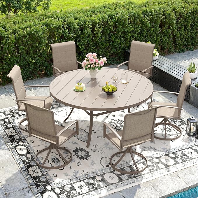 DIFY 7 Piece Outdoor Patio Dining Set for 6, 50" Round Metal Dining Table and Swivel Patio Chairs with Padded Textilene, All-Weather Outdoor Furniture Set for Garden Backyard Porch, Sandshell
