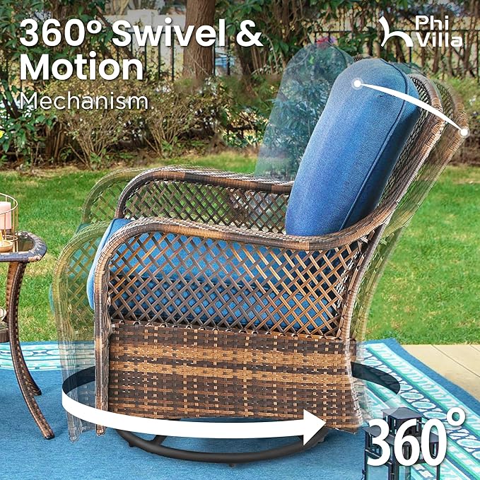 PHI VILLA Oversized Outdoor Wicker Patio Furniture Set 3 Piece, 2 Rattan Swivel Rocker Patio Chairs Large Oversized Deep Seating Group with Navy Blue Cushions & Side Table