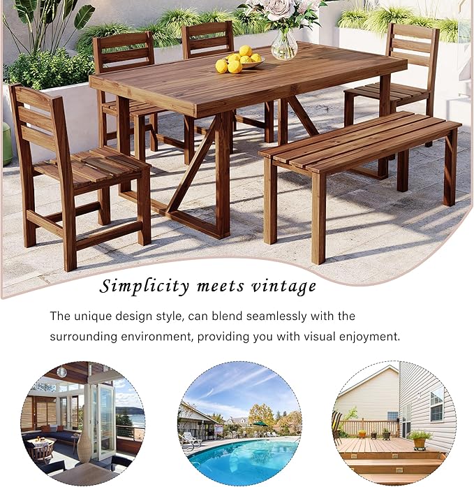 LUMISOL 6 Piece Patio Conversation Furniture Set, 6-Piece Outdoor Table Set with 4 Chairs and 1 Bench for 6 Persons, Acacia Wood Outdoor Table and Chair Set for Patio Balcony Backyard, Brown