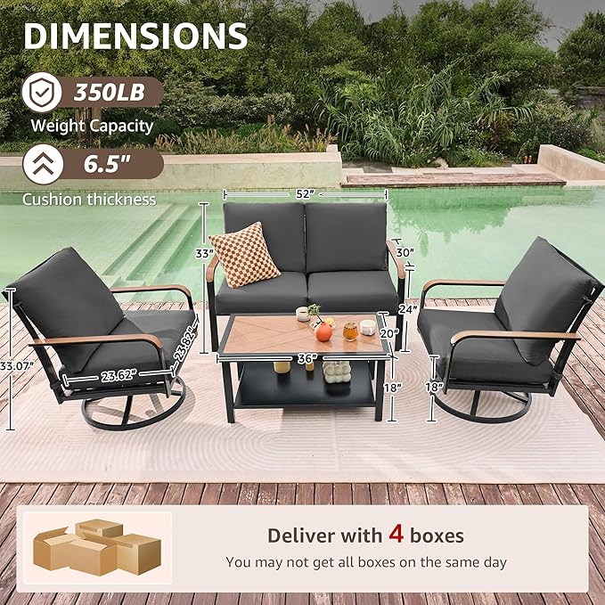 NATURAL EXPRESSIONS Patio Furniture Sets,4 Pieces Metal Outdoor Conversation Sofa Set with High Back Swivel Rocking Chairs with Anti-Scald Armrest,Double-Deck Wooden-Grain Table,6" Cushions for Yard
