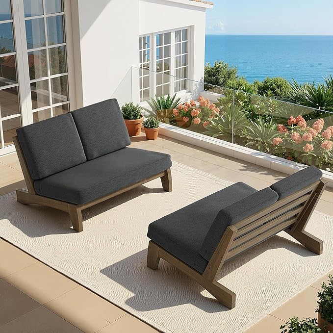 UIXE All Weather Wood Patio Furniture Sets, 3 Pieces Patio Loveseat Sofa Outdoor Sectional Futniture Backyard Conversation Set with Solid Wooden Coffee Table - Dark Gray