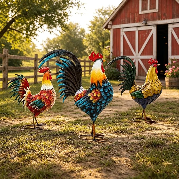 32" Majestic Metal Rooster Yard Decor, Large Outdoor Garden Statue | Outdoor Chicken Sculpture, 3D Hand-Painted, Rustic Farmhouse Style, Weather-Resistant Iron, Backyard Patio Lawn Garden