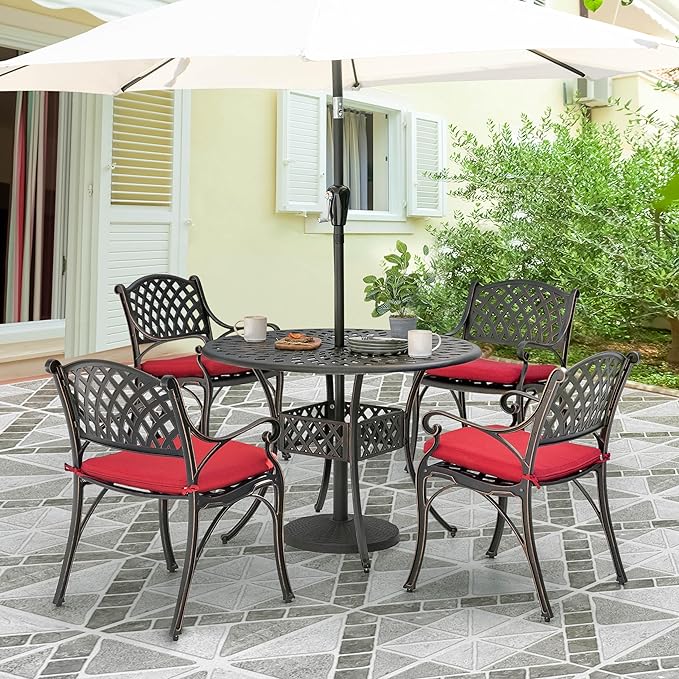 NUU GARDEN 5 Piece Patio Dining Set, Cast Aluminum Outdoor Dining Sets with Red Cushions, Round Patio Dining Table with Umbrella Hole for Garden, Backyard, Balcony, Black with Bronze Edge