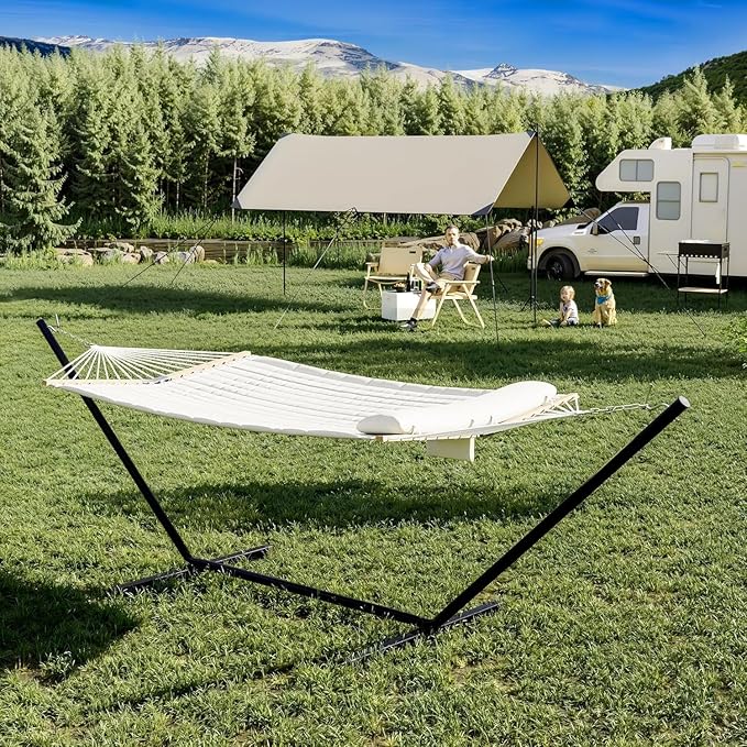 2 Person Hammock with Stand, Foldable Steel Frame Heavy Duty 450lb Capacity, Portable Polyester Fabric Hammocks for Backyard Patio Camping, Carrying Bag and Side Pocket Included
