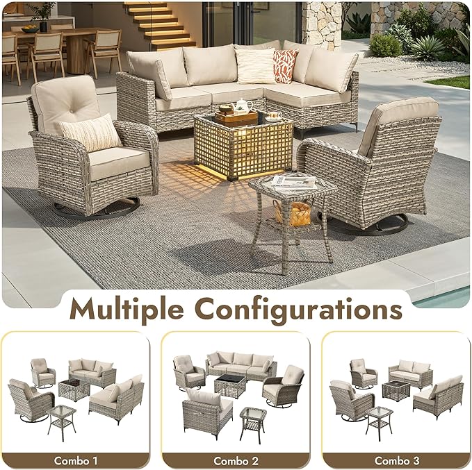 8 Pieces Outdoor Sectional Patio Furniture Set with Swivel Rocking Chairs,Conversation Sets Rattan Wicker L Shaped Couch,Modular Outdoor Sofa for Porch Balcony Backyard Beige