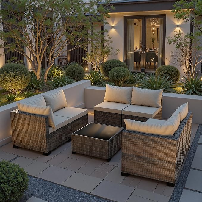 7 Piece Patio Furniture Set, All-Weather Water-Resistant Wicker Rattan Sectional Sofa, Modular Outdoor Conversation Set for Backyard, Garden, Poolside, Balcony