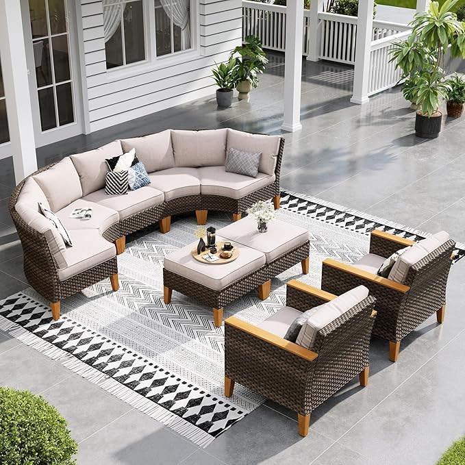 Sophia & William Outdoor Wicker Sectional Sofa Set, Half Moon Curved Patio Furniture Set with Ottman, High Back Rattan Patio Conversation Set for Outside, Deck, Garden(Beige, 9 Piece)