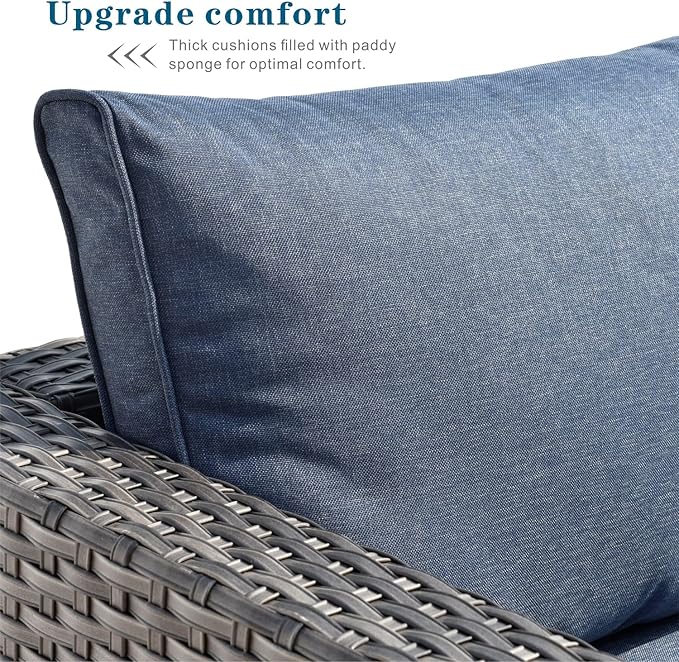 HOOOWOOO Patio Outdoor Sectional Furniture Sofa Set,7 Piece U Shaped Corner Wicker Rattan Couch Set,Rustic 6 Persons Summer Patio Conversation Set for Outside Porch Deck Garden(Denim Blue)