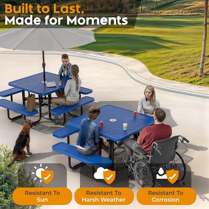 Metal Picnic Tables for Outdoors with Umbrella Hole - Coated Steel Heavy Duty Commercial Grade Furniture (Blue, 46 in, Square, Punched Steel)