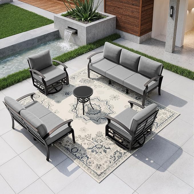 Kullavik Aluminum Patio Furniture Set,5 Pieces 7 Seat Metal Outdoor Furniture Conversation Set w/5.1" Cushions,Swivel Rocking Chairs Set,Grey
