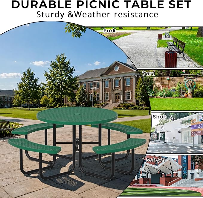 All-Weather Round Outdoor Picnic Table, Commercial Picnic Table Bench Set with Umbrella Hole, Thermoplastic Coated Metal Dining Tables for School, Stores, Park, Patio, Yard, Green