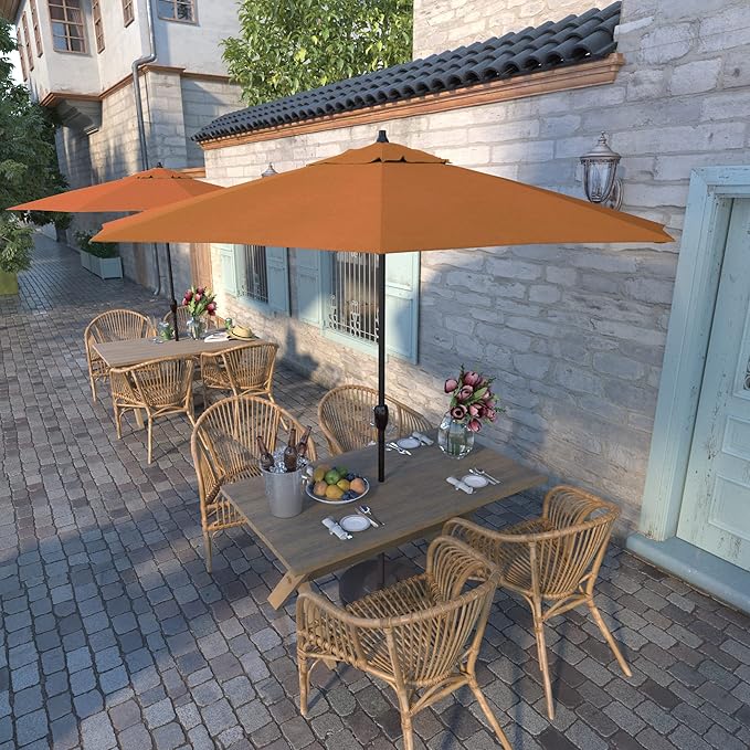 California Umbrella 12-Year Protection 9-Ft Outdoor Patio Umbrella, Sunbrella Fade-Resistant Acrylic Fabric, Auto Tilt and Crank, Heavy-Duty Aluminum Frame/ Reinforced Ribs, Bronze Pole, Tuscan