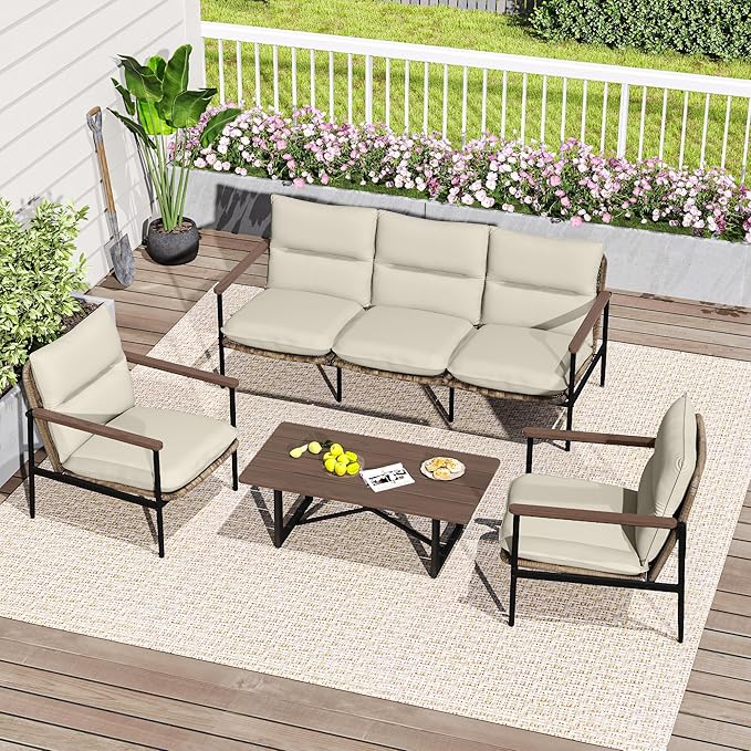 HAPPATIO 4-Piece Outdoor Furniture Set, Aluminum Patio Converation Set with Wicker Seat and Acacia Wood Armrest, 3-Seat Sofa Set with Olefin Cushion and Wood Table for Garden Lawn Backyard