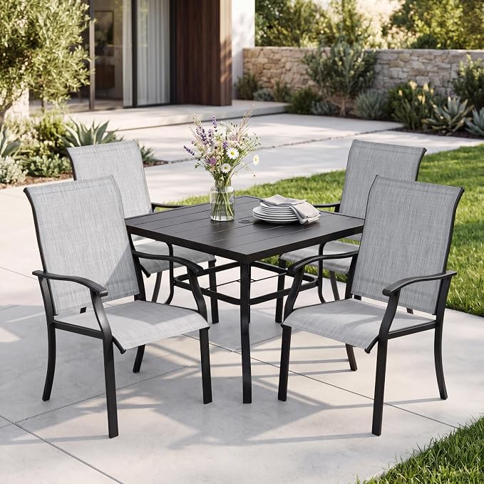 NUU GARDEN 5-Piece Patio Dining Set with Umbrella Hole, All Weather Outdoor Dining Set with 4 Textilene Chairs, 1 Square Table, Patio Table and Chair Set for Backyard Garden Poolside, Gray and Black