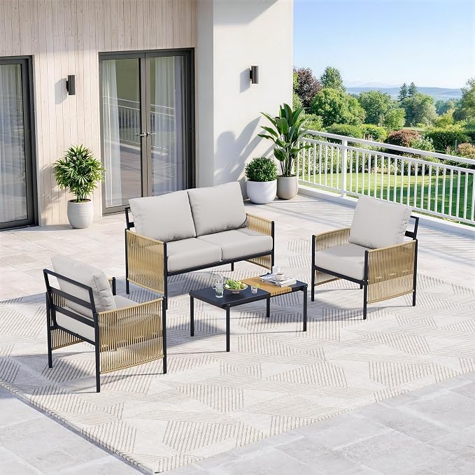 Aluminum Outdoor Patio Furniture Set, 4 Seats Outdoor Sectional with Coffee Table, Patio Conversation Sets with Washable Thick Cushions and Waterproof Cover for Backyard/Garden /Poolside, Silver Gray