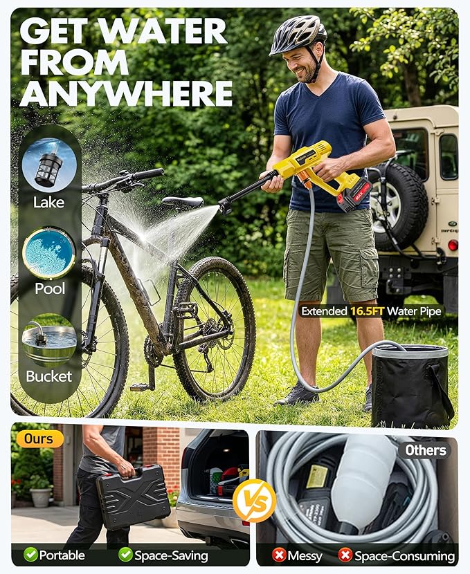 BluSwim Cordless Car Cleaning Tool with LCD Display, Portable Vehicle Cleaner with Brushless Motor, 3 Levels Adjustable Battery Powered Water Sprayer with 16.5FT Hose, 6-in-1 Nozzle for Patio - Yellow