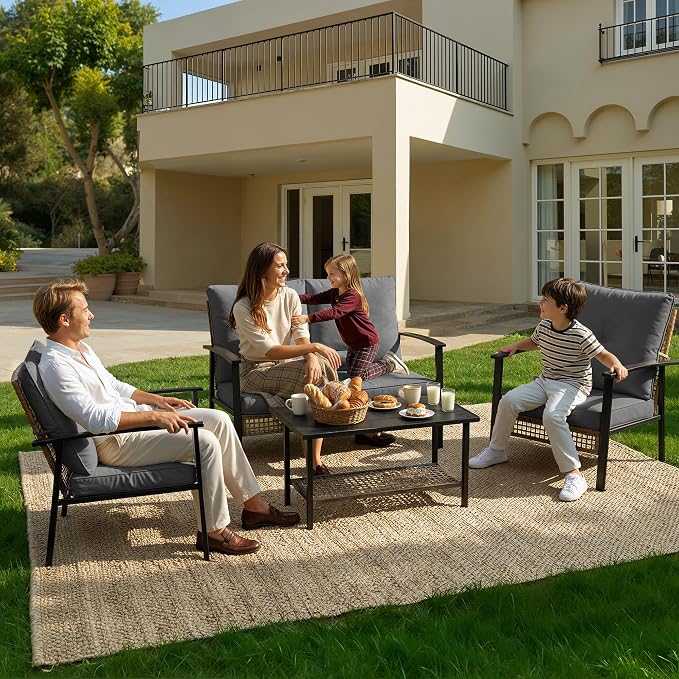 Deersky 4 Piece Outerdoor Patio Furniture Set, All-Weather Modern PE Wicker Rattan Conversation Set with 4" Cushions for Comfortable, Easy to Assemble, Dark Grey