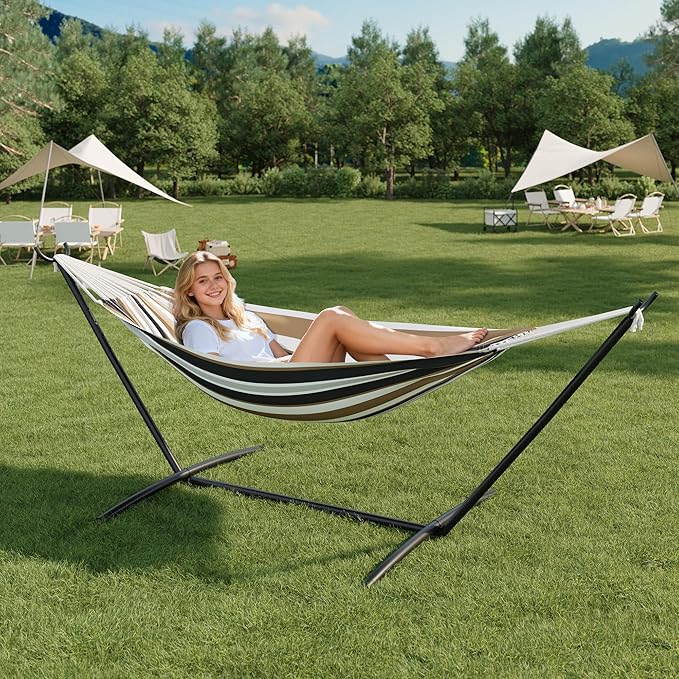 IDEALHOUSE 2 Person Brazilian Hammock with Steel Stand, Adjustable Double Cotton Hammock Bed, 450 Lbs Capacity Portable Setup for Indoor, Outdoor Patio, Camping, Coffee