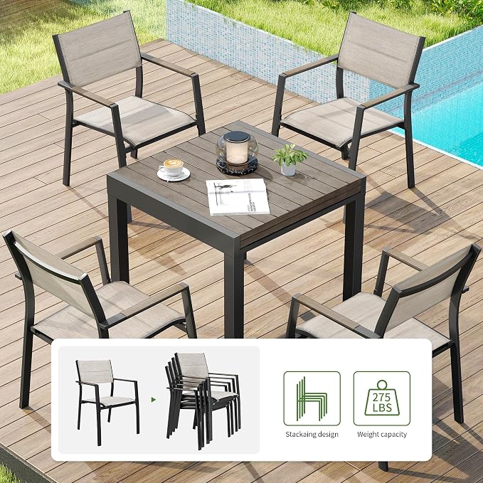 5 Piece Outdoor Dining Set, Expandable Outdoor Patio Dining Table Set for 4-6 Person, Aluminum Outdoor Table and 6 Chairs with Textilene Fabric & Armrest for Patio, Garden, Lawn, Deck(Grey)