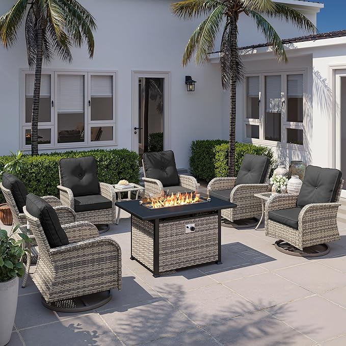 10Pcs Patio Rocking Swivel Chair with 55,000 BTU Fire Pit Table Outdoor Wicker Rattan Bistro Set with Tempered Glass Side Table, Outdoor Patio Furniture Set for Garden and Balcony, Dark Grey