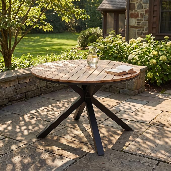 Merax 45" Round Outdoor Patio Dining Table Teak Acacia Wood Tabletop and Black Metal Leg, Modern Industrial Style Patio Dining Table