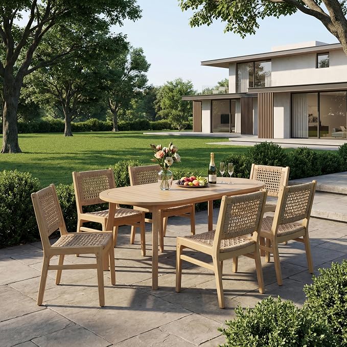Christopher Knight Home Chuse Acacia Wood Dining Table Set for 6, Solid Wood Outdoor Dining Set for 6, 7 Piece Oval Patio Dining Table and Chair Set with Wicker Seat & Back, Light Brown + Light Teak