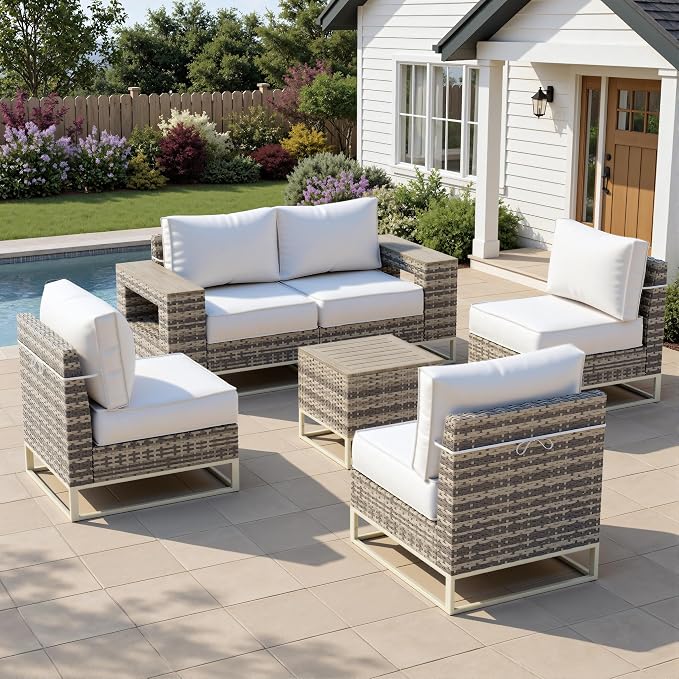 Outdoor Patio Furniture Set 6-Piece PE Rattan Wicker Outdoor Sectional Sofa with Thickened Cushions and Chunky Arms, Modern Modular L-Shaped Conversation Set for Garden, Backyard, White