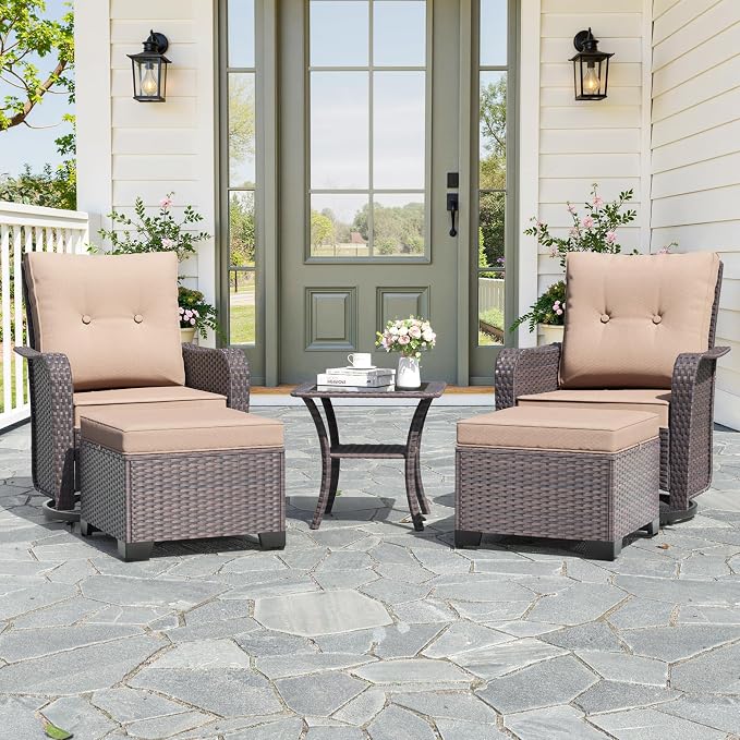 Kullavik 5 Pieces Outdoor Swivel Chairs Set,Patio Wicker Rocker Chairs with 4" Thick Cushions,Side Table and Ottomans,Patio Conversation Furniture Set for Patio Porch Deck Backyard,Sand