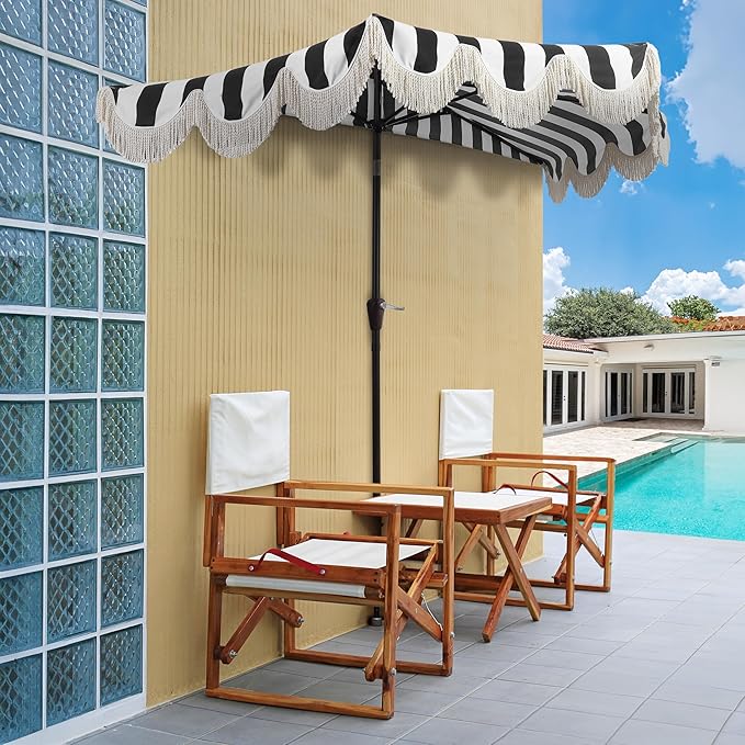 JONATHAN Y Beverly 9 ft. Coastal Black and White Striped Half Patio Umbrella with Scalloped Fringe, Crank Lift, and Manual Tilt for Balcony, Dark Brown Pole UMB1201A