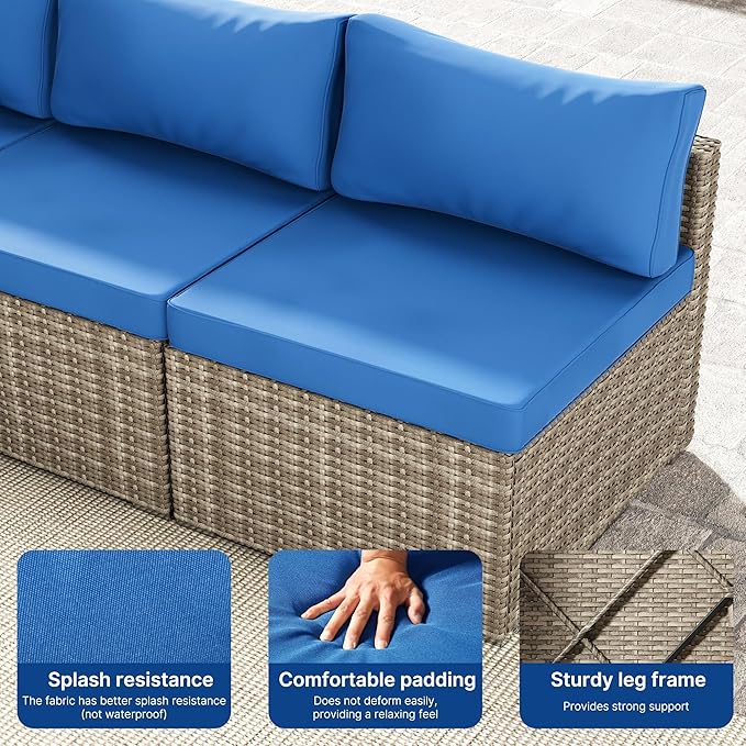 7 Piece Patio Furniture Set, Outdoor Wicker Patio Sofa Set, PE Rattan Sectional Couch with Glass Table and Blue Cushions, All-Weather 7 Piece Outdoor Patio Furniture Sets, Grey