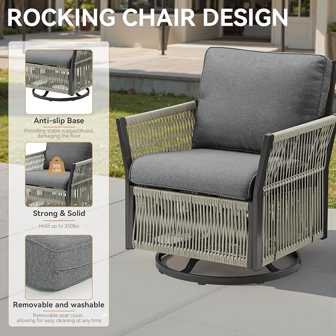 Patio Furniture Set Outdoor/Indoor, Wicker Patio Sofa, 5pcs Furniture Set with Swivel Rocker Chairs, Side Table, and Ottomans for Backyard, Garden, Poolside(Grey)