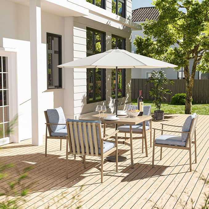 HAPPATIO 5-Piece Outdoor Dining Set for 4, Aluminum Patio Dining Set Includes 1 Large Square Table with Umbrella Hole and 4 Dining Chairs, Patio Furniture Set for Lawn, Porch, or Backyard (Brown)