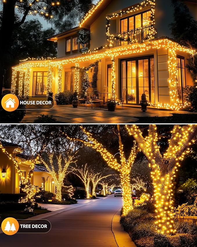 Brightown 2 Pack Solar String Lights Outdoor Waterproof, 92Ft 240 LED Solar Lights Outdoor with 8 Modes, Outdoor Light Solar Powered for Patio Yard Tree Garden Party Decorations, Warm White