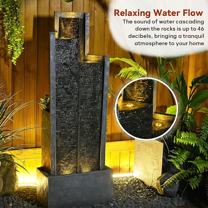 Sunlinua 49.6H Modern Outdoor Water Fountain with LED Light Garden Cascading Waterfall Feature for Indoor or Outdoor Cascading Waterfall for Relaxing Garden Patio Backyard Porch or Home Décor
