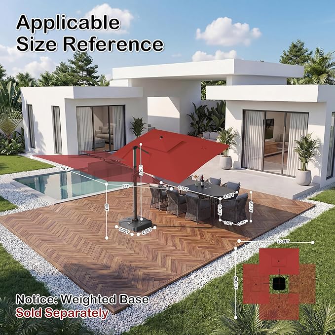 9x12 FT Patio Umbrella with LED Lights Cantilever Outdoor Large Heavy Duty Rectangle Aluminum Offset Umbrellas Double Top 360 Rotation 7 Tilt Adjustment for Pool Deck Garden, Red