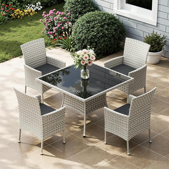5-Piece Patio Dining Set, Patio Furniture Set with Square Tempered Glass Table & 4 Wicker Chairs, Expandable Design for Larger Groups, Outdoor Furniture for Backyard, Deck, Garden, Dark Grey